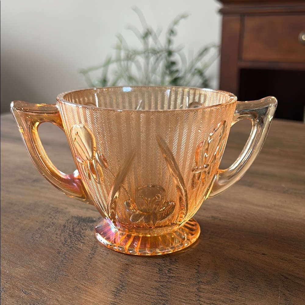 VTG Depression Carnival Glass Iris Herringbone Peach Creamer Sugar Marigold